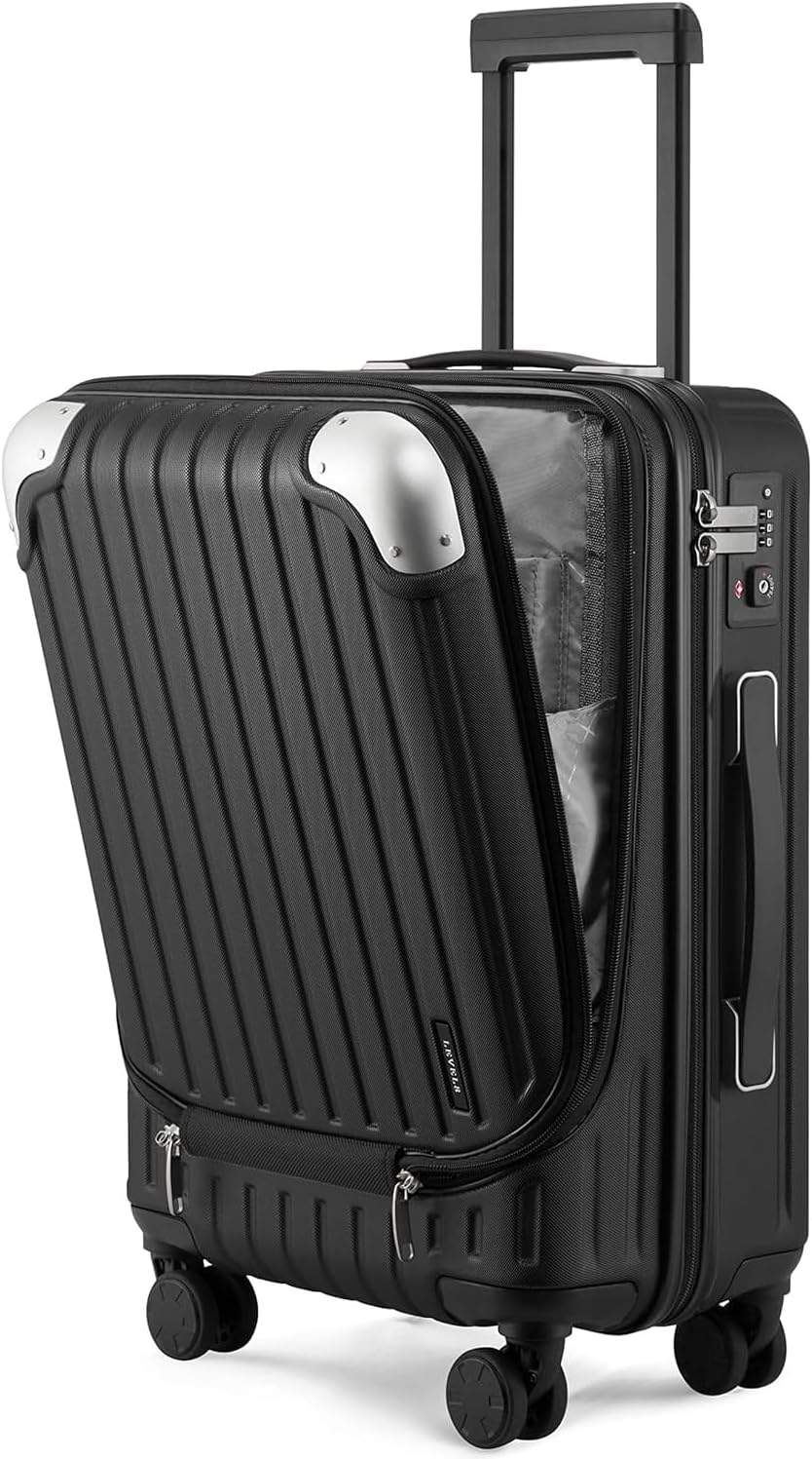 LEVEL8 Lightweight Carry-on Suitcase 20-Inch,Expandable 4 Wheel Hand Luggage, ABS+Poly-Carbonate Hardshell Spinner Trolley for Luggage with Double TSA-Approved Locks, Black, 37*24*55.5CM, Casual and