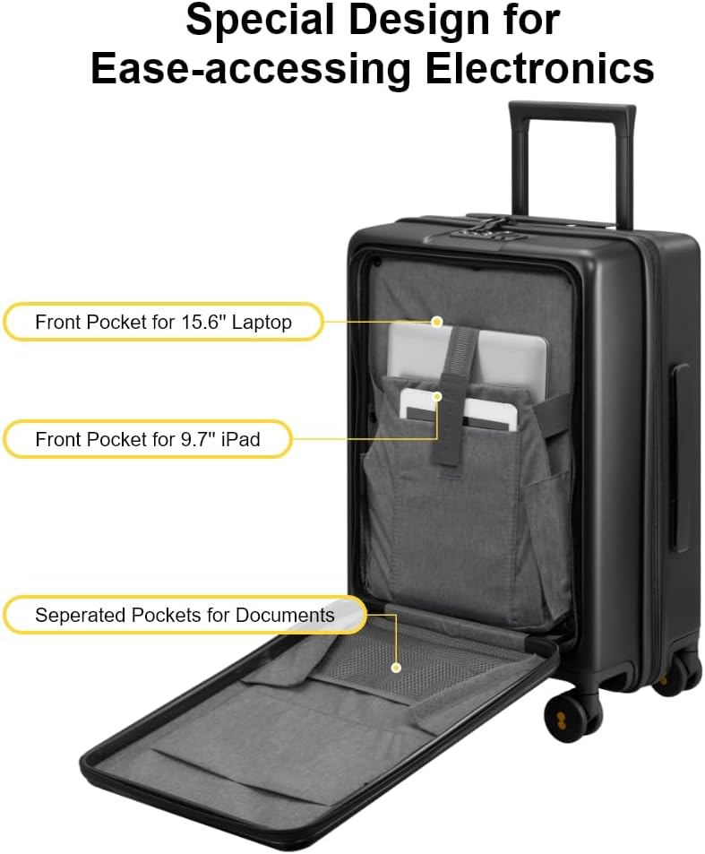 LEVEL8 Road Runner Carry On Luggage with Front Compartment, 20 Inch Lightweight Hard Shell Suitcases with Wheels Airline Approved, Tsa Locks for Luggage, Black