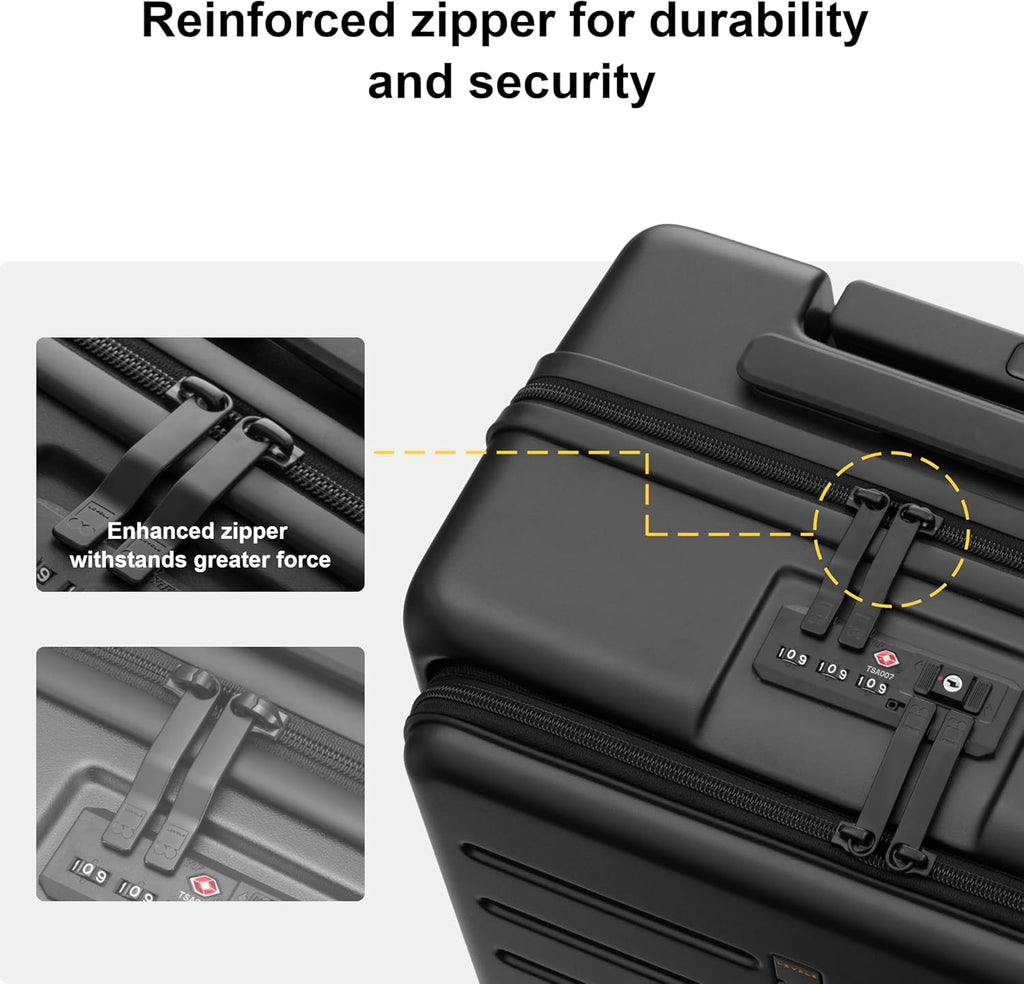 LEVEL8 Road Runner Carry On Luggage with Front Compartment, 20 Inch Lightweight Hard Shell Suitcases with Wheels Airline Approved, Tsa Locks for Luggage, Black
