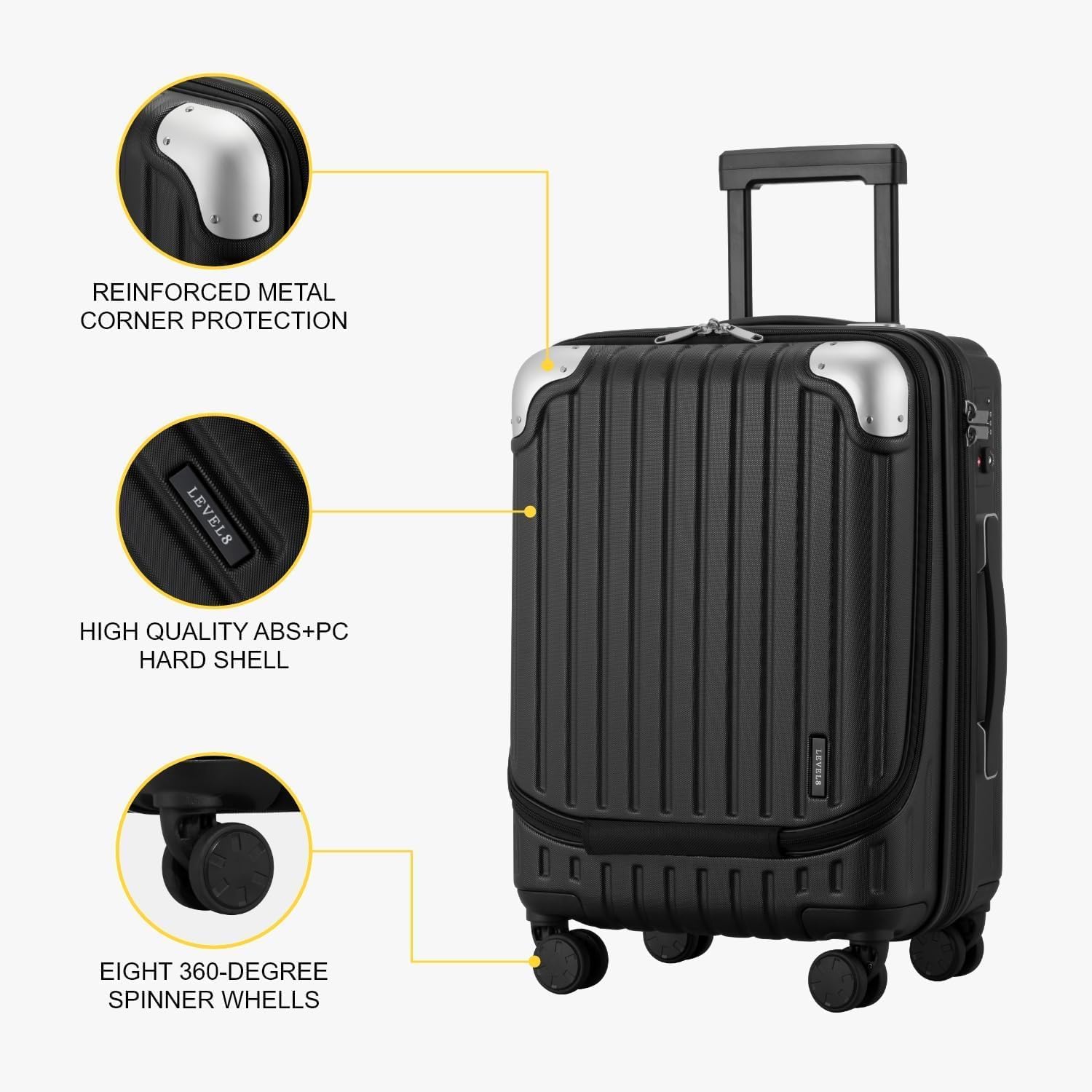 LEVEL8 Lightweight Carry-on Suitcase 20-Inch,Expandable 4 Wheel Hand Luggage, ABS+Poly-Carbonate Hardshell Spinner Trolley for Luggage with Double TSA-Approved Locks, Black, 37*24*55.5CM, Casual and