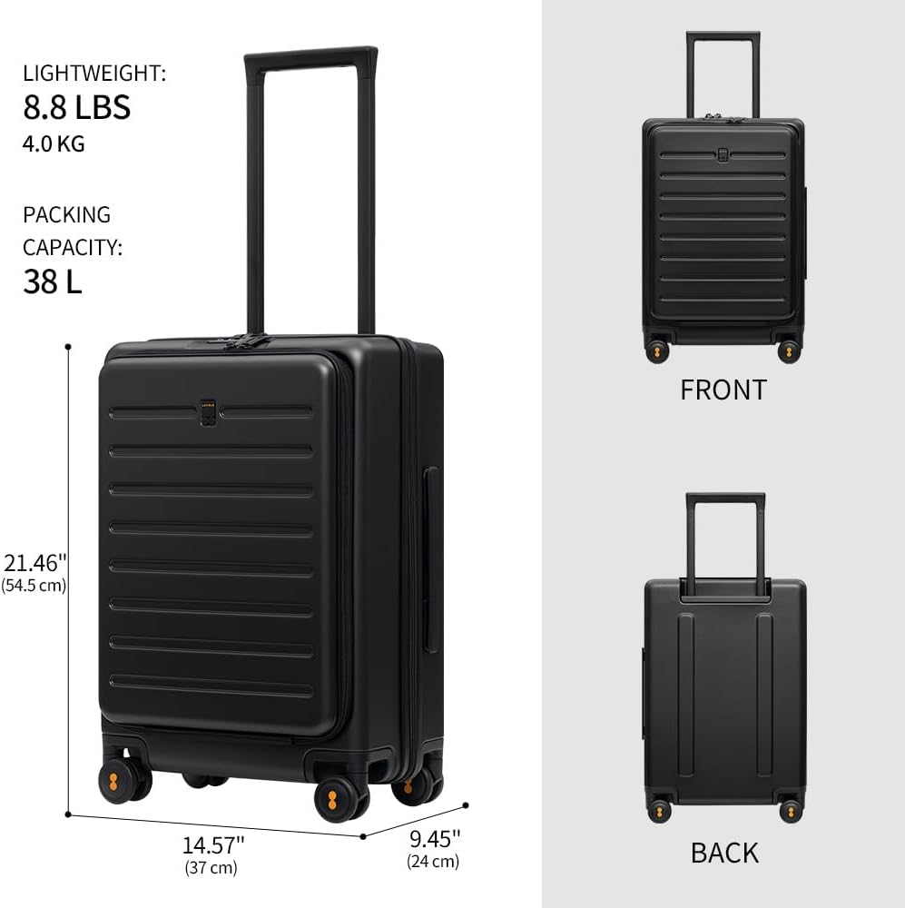 LEVEL8 Road Runner Carry On Luggage with Front Compartment, 20 Inch Lightweight Hard Shell Suitcases with Wheels Airline Approved, Tsa Locks for Luggage, Black